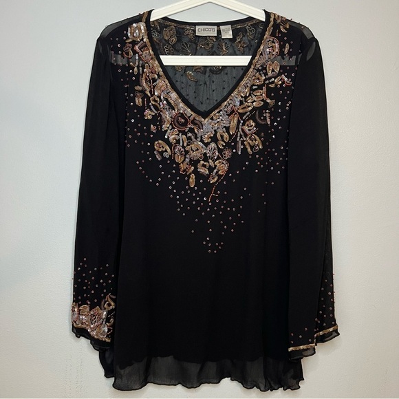Chico's Uniquely Embellished Beaded V Neck Pullover Blouse Top Sz L Black Boho - Picture 1 of 11